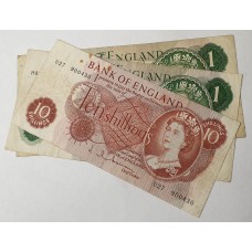 GREAT BRITAIN UK ENGLAND  1966/1970 . TEN 10  SHILLINGS  AND ONE 1 POUND BANKNOTES . 3 DIFFERENT SIGNATURES